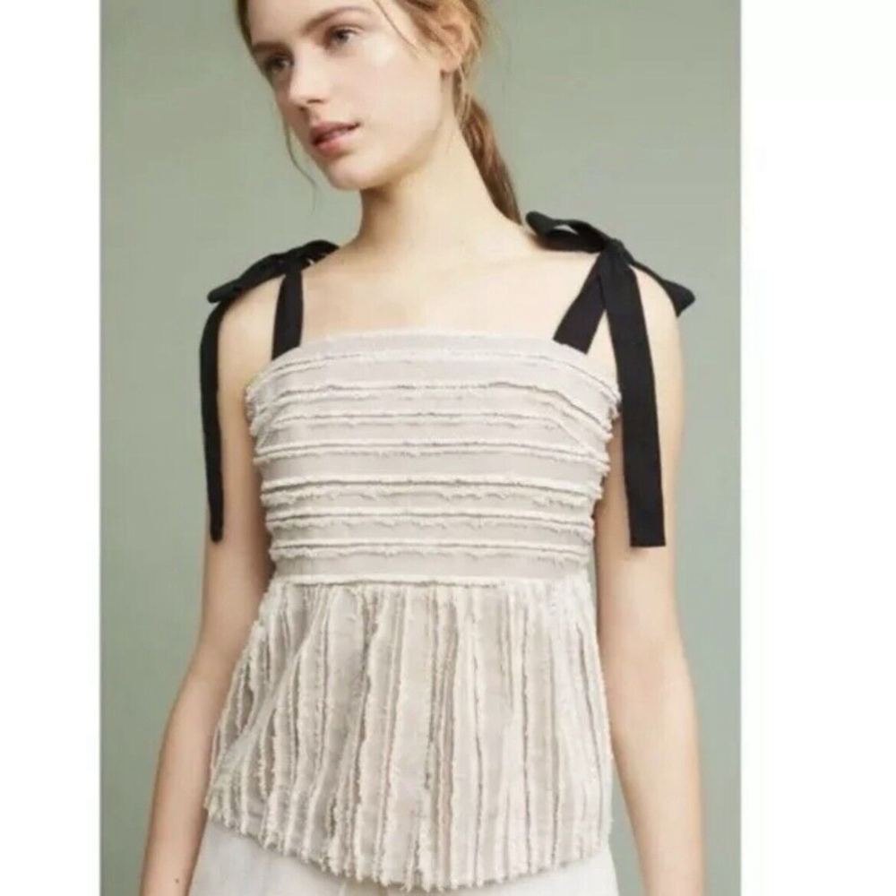 MAEVE Anthropologie gray Soeli Textured Ribbon Tie Shoulder bow sleeveless top M